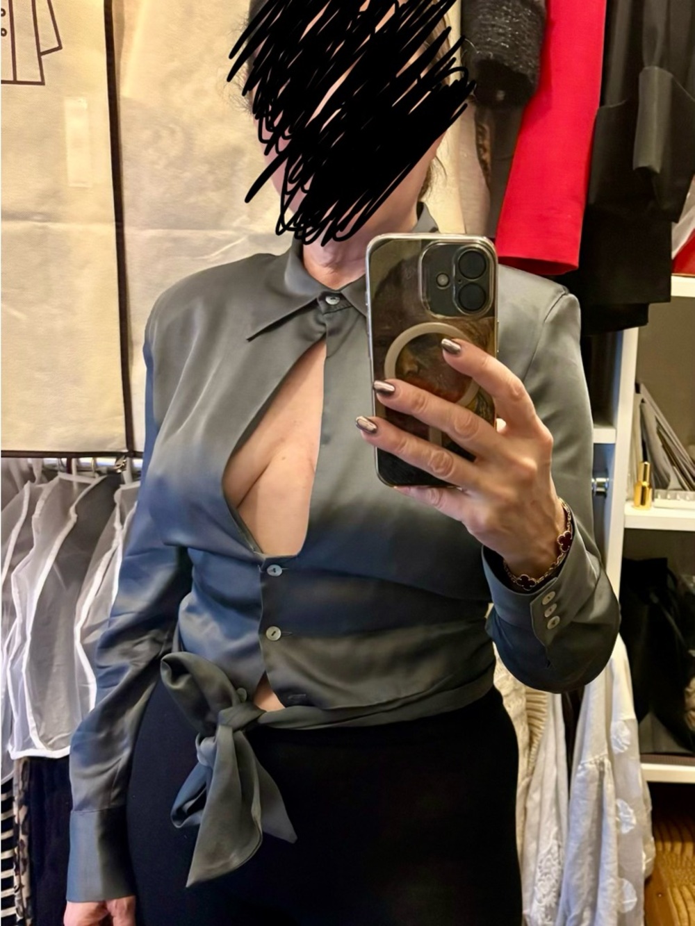 Satin Tie-Waist Button Front Blouse - Gray